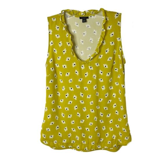 Ann Taylor Women's Top XS Floral Mustard Yellow Sleeveless Ruffle V-Neck Tank - Picture 2 of 8